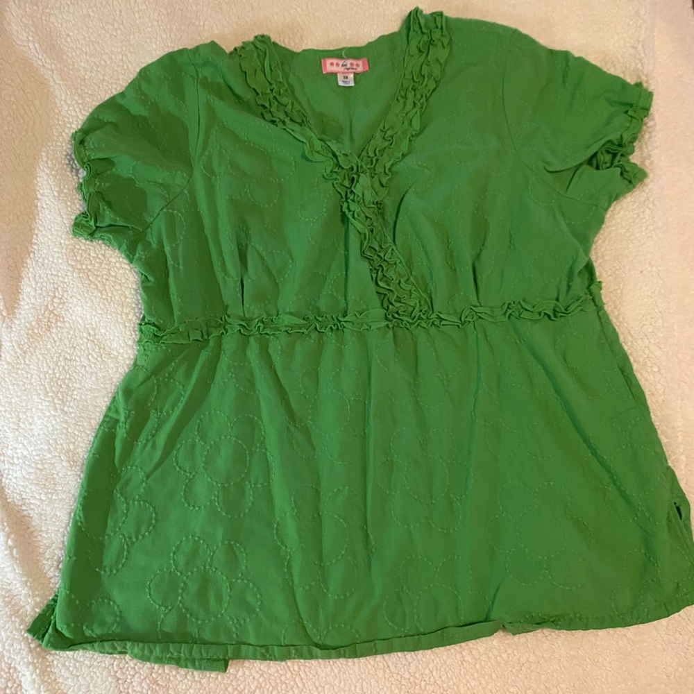 Koi Ruffled Green Short Sleeve Blouse with pockets